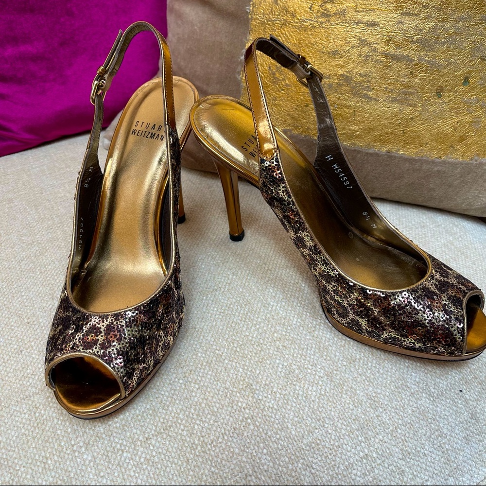 Cole Haan Sequin Leopard Print & Bronze Leather Stilettos -  Made in Spain - 8.5